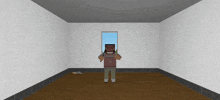 a pixel art drawing of a man holding a sword in a room