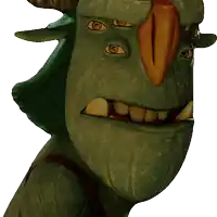 a close up of a cartoon character with horns