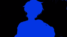 a drawing of a boy with blue hair and a choker around his neck