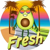 a cartoon of an avocado wearing sunglasses and the word fresh on the bottom