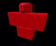 a red roblox character with a smiley face on his face is standing in the dark .