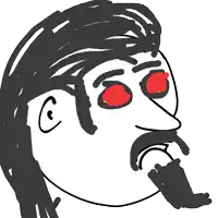 a drawing of a man with red eyes and a mustache
