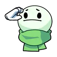 a cartoon character wearing a green scarf salutes with his hand on his forehead