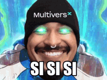 a man wearing a beanie that says multivers x on it