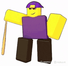 a yellow roblox character wearing a purple shirt and a purple hat is holding a baseball bat .