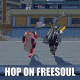 a cartoon character says hop on free soul in front of a building