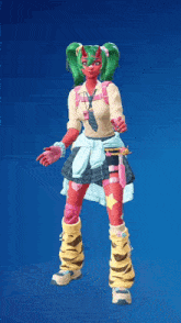 a girl with green hair and horns is standing in front of a blue background in a video game .