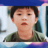 a close up of a young boy 's face with a blurry background