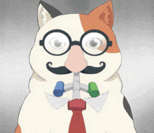 a calico cat with glasses and a mustache