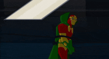 a cartoon character with a green cape and a red and yellow costume