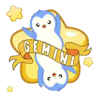 a cartoon drawing of two penguins with a banner that says gemini