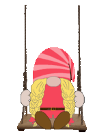 a gnome is sitting on a swing wearing a red and pink hat