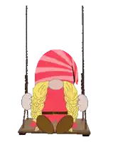 a gnome is sitting on a swing wearing a red and pink hat