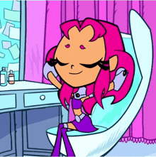 a cartoon girl with pink hair is sitting in a chair