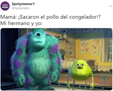sulley and mike from monsters inc standing next to each other