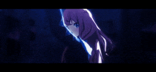 a girl with purple hair and blue eyes is holding a sword in a dark room