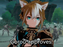 a cartoon character says gorou approves in front of a crowd