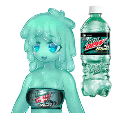 a drawing of a girl next to a bottle of mountain dew