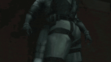 a video game character is standing in a dark room with a red background