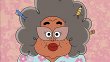 a cartoon drawing of an older woman with a pencil in her hair