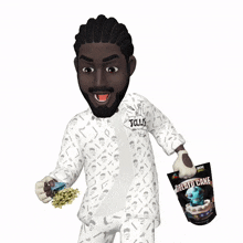 a man in pajamas holds a bag of gelato cake in his hand