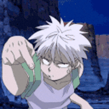 a cartoon character with white hair and glowing eyes is pointing
