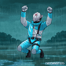 a drawing of a man in a blue suit jumping in the rain with the words decimated below him