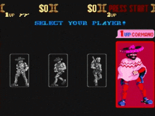 a video game screen shows a man with a gun and says select your player