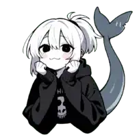 a girl with a shark tail is wearing a black hoodie
