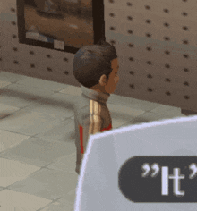 a boy in a video game is standing next to a sign that says it