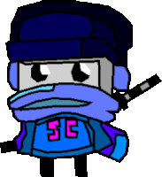 a pixel art drawing of a ninja wearing a blue shirt that says sg