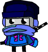 a pixel art drawing of a ninja wearing a blue shirt that says sg