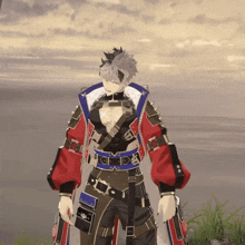 a man in a red and black outfit is holding two guns in front of a body of water