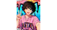 a boy with curly hair is wearing a pink shirt that says a.s.t.v.r.