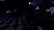 a roblox character with a party hat and a mustache is standing in a dark room .