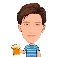 a man in a striped shirt is holding a cup of beer