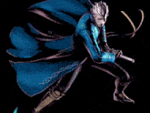 a man in a blue cape is holding a sword in his hand