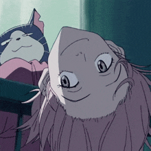 a cartoon girl with a cat behind her looking up at the camera