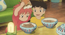 a boy and a girl are sitting at a table with bowls of noodles