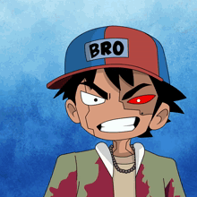 a cartoon character wearing a hat that says bro on it