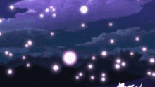 a purple sky with a lot of white lights flying in it