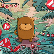 a cartoon of a bear with a backpack standing in a forest