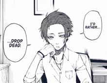 a black and white drawing of a boy with a speech bubble that says " drop dead "