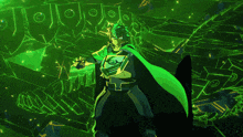 a cartoon character with a green cape and a shield