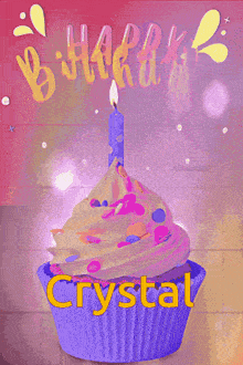 a birthday card with a purple cupcake and the name crystal on it