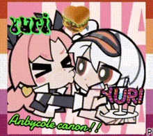 a cartoon of a girl kissing another girl on the cheek