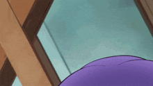 a close up of a purple haired anime character