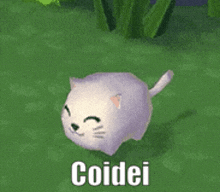 a purple cat is walking in the grass with the word coidei written on the bottom .