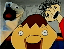 a group of cartoon characters are standing next to each other and one of them has a drawing of a bird on his head