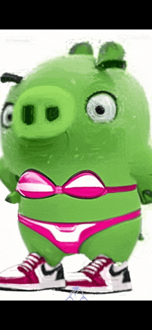a green pig is wearing a pink bikini and red sneakers